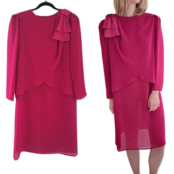 Fuchsia Hot Pink 80s Vintage Longsleeve Sheer Knee-Length Dress with Bow medium - Picture 1 of 11